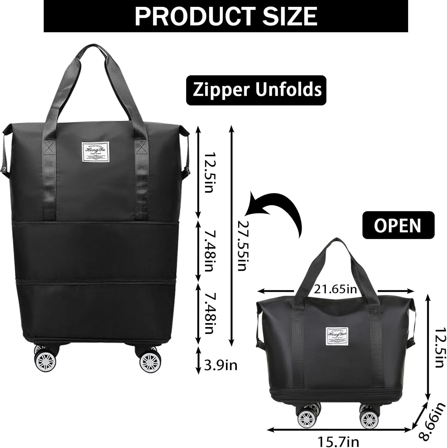 Rolling Duffle Bag with Detachable Wheels Expandable Foldable Duffle Bag for Travel Luggage bag Carry on Weekend Travel Bag (Black)