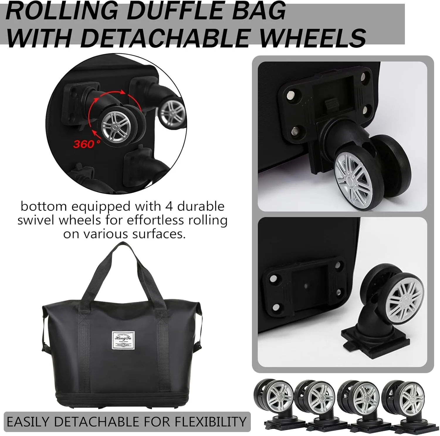 Rolling Duffle Bag with Detachable Wheels Expandable Foldable Duffle Bag for Travel Luggage bag Carry on Weekend Travel Bag (Black)