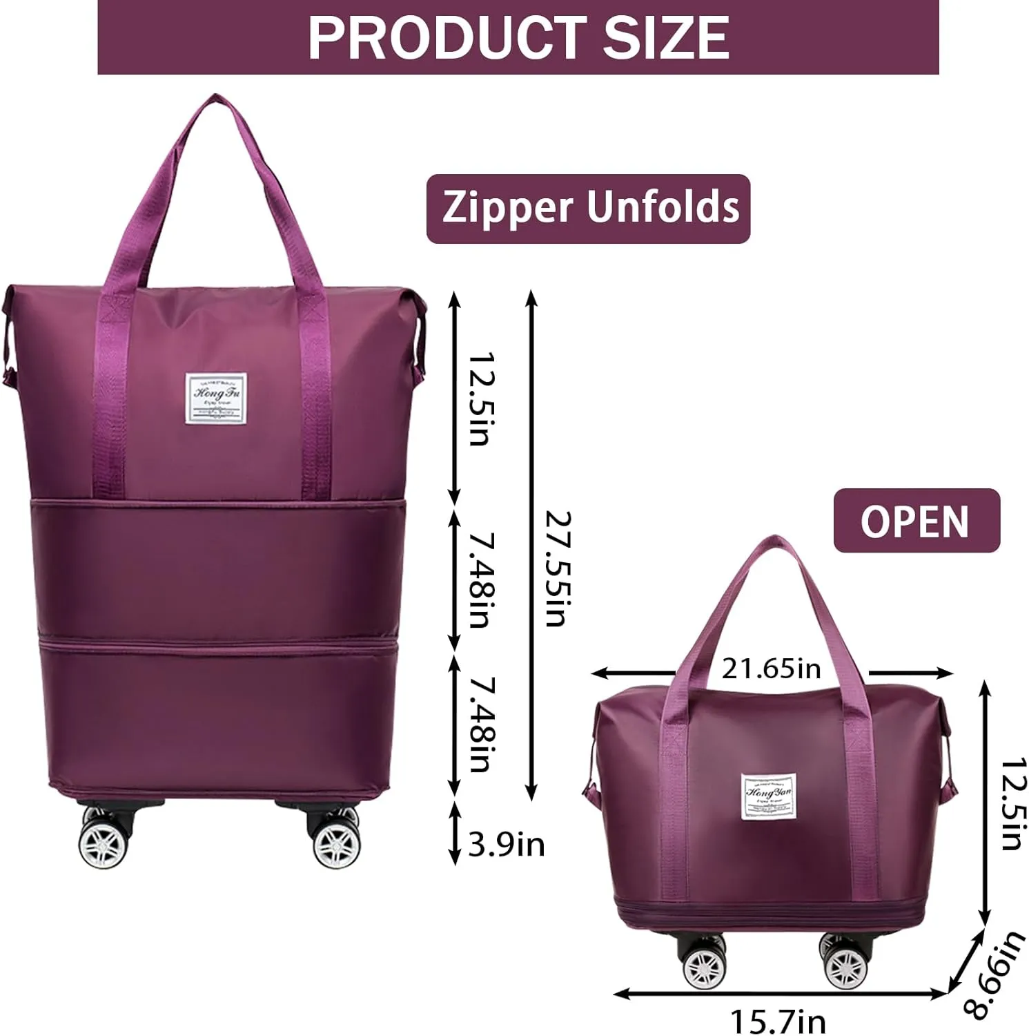 Rolling Duffle Bag with Detachable Wheels Expandable Foldable Duffle Bag for Travel Luggage bag Carry on Weekend Travel Bag (Fuchsia)