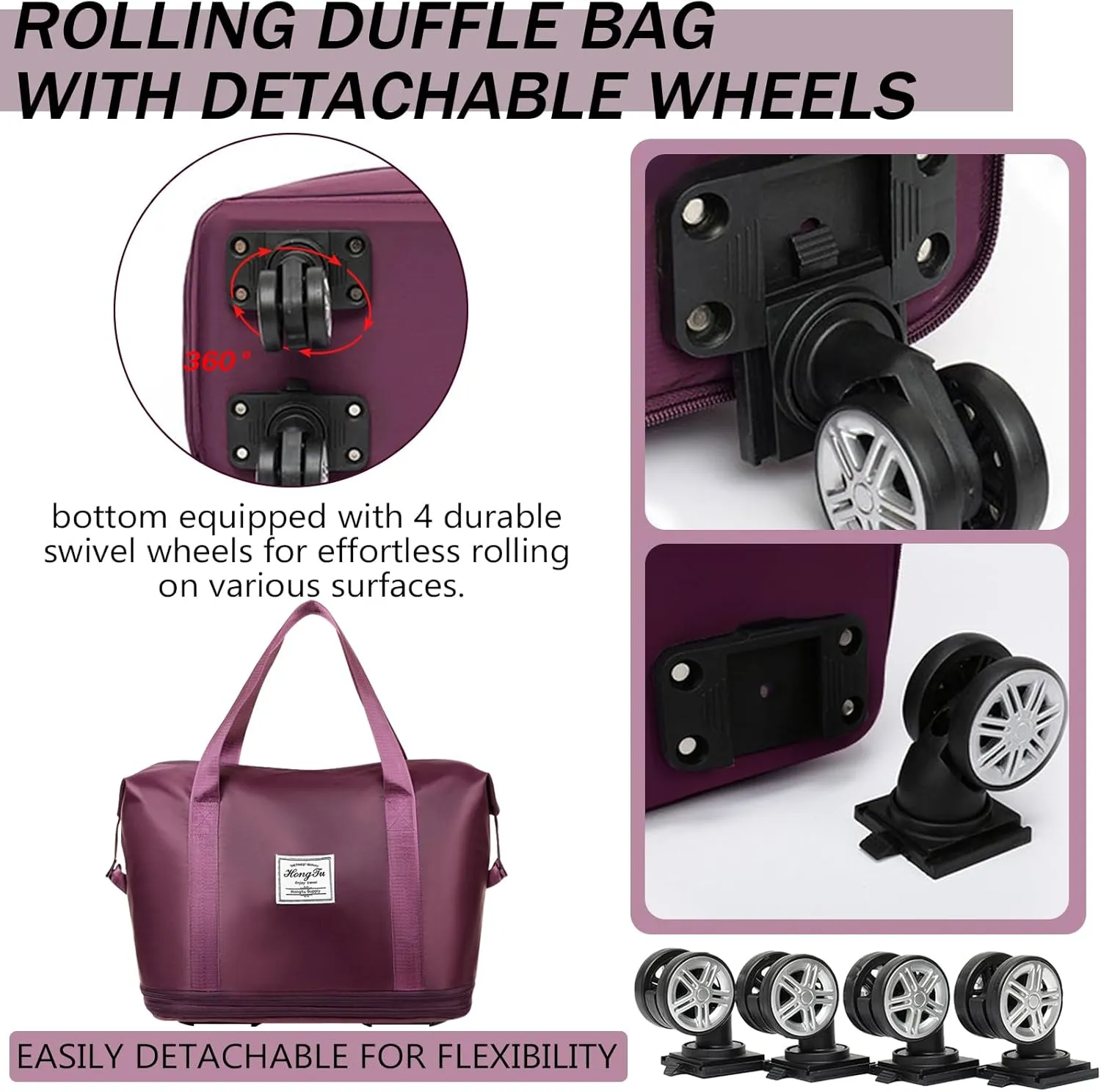 Rolling Duffle Bag with Detachable Wheels Expandable Foldable Duffle Bag for Travel Luggage bag Carry on Weekend Travel Bag (Fuchsia)