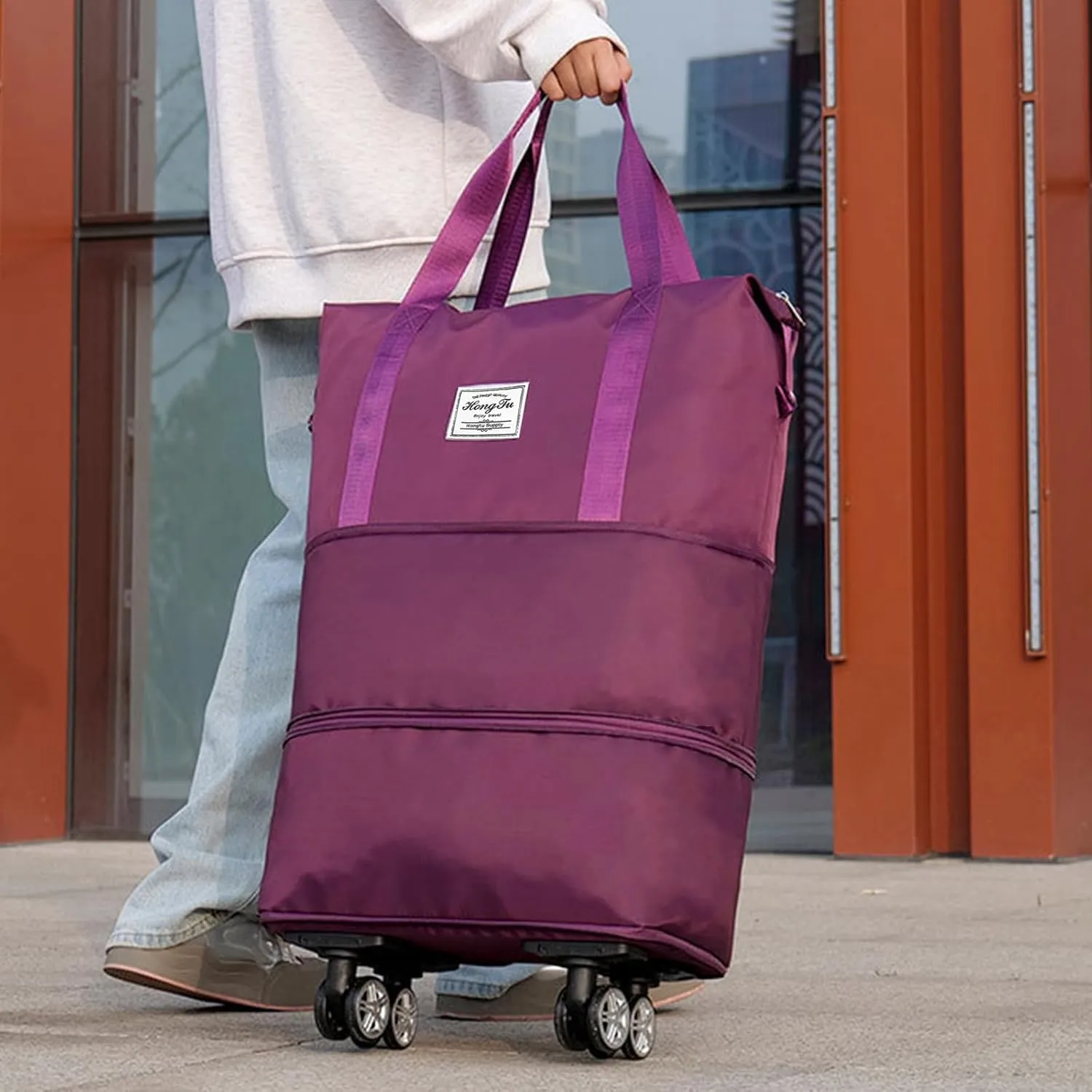 Rolling Duffle Bag with Detachable Wheels Expandable Foldable Duffle Bag for Travel Luggage bag Carry on Weekend Travel Bag (Fuchsia)