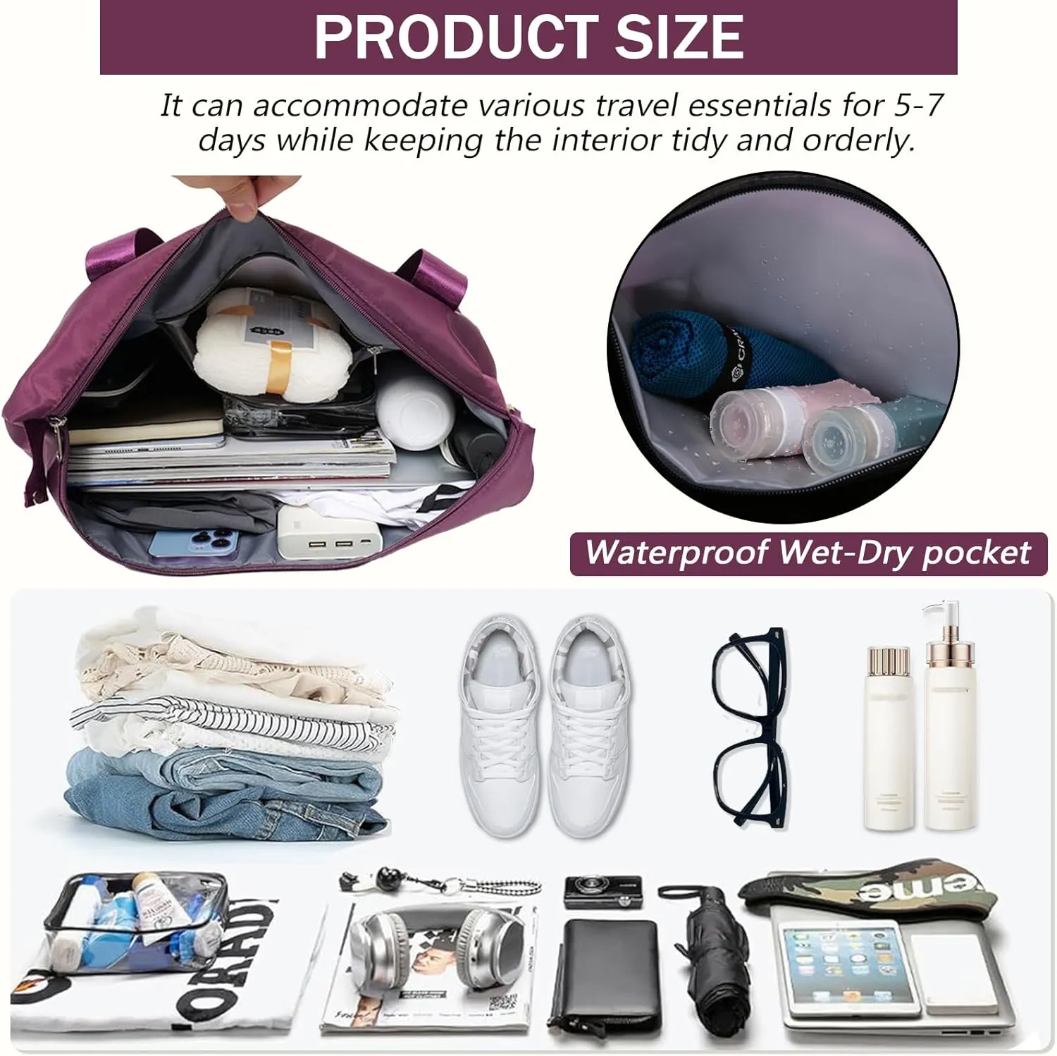 Rolling Duffle Bag with Detachable Wheels Expandable Foldable Duffle Bag for Travel Luggage bag Carry on Weekend Travel Bag (Fuchsia)