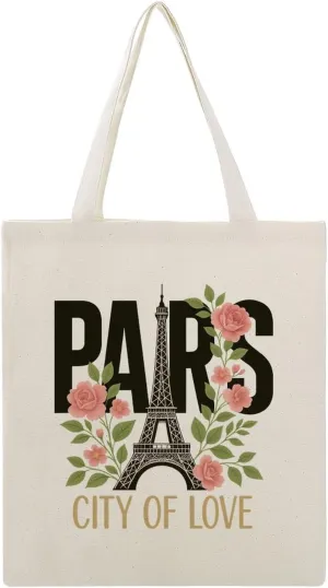 Romance Parisian Rose Floral Canvas Tote Bag Reusable Shopping Bag