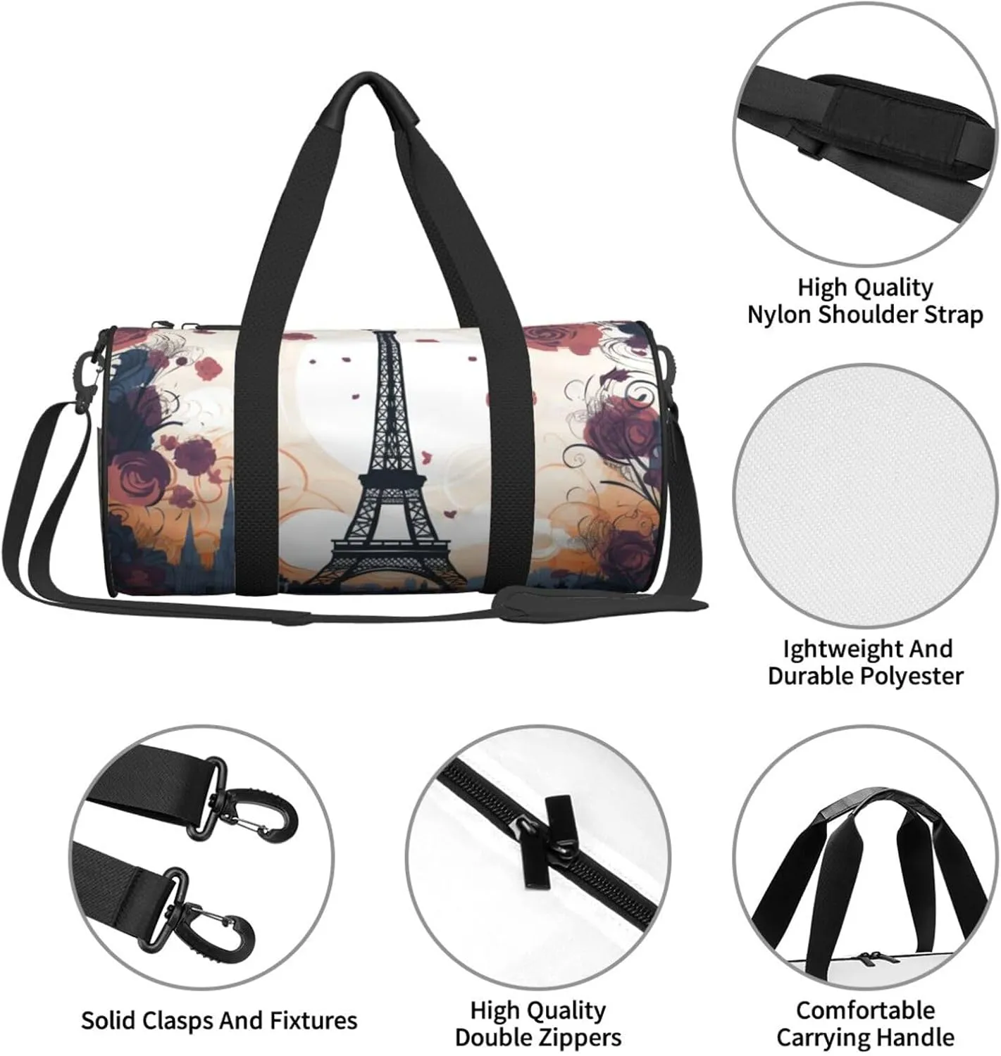 Romantic Paris Eiffel Travel Duffle Bag for Men Women Sport Gym Bag Foldable Weekender Bag Carry on Overnight Bag for Travel Swimming Basketball