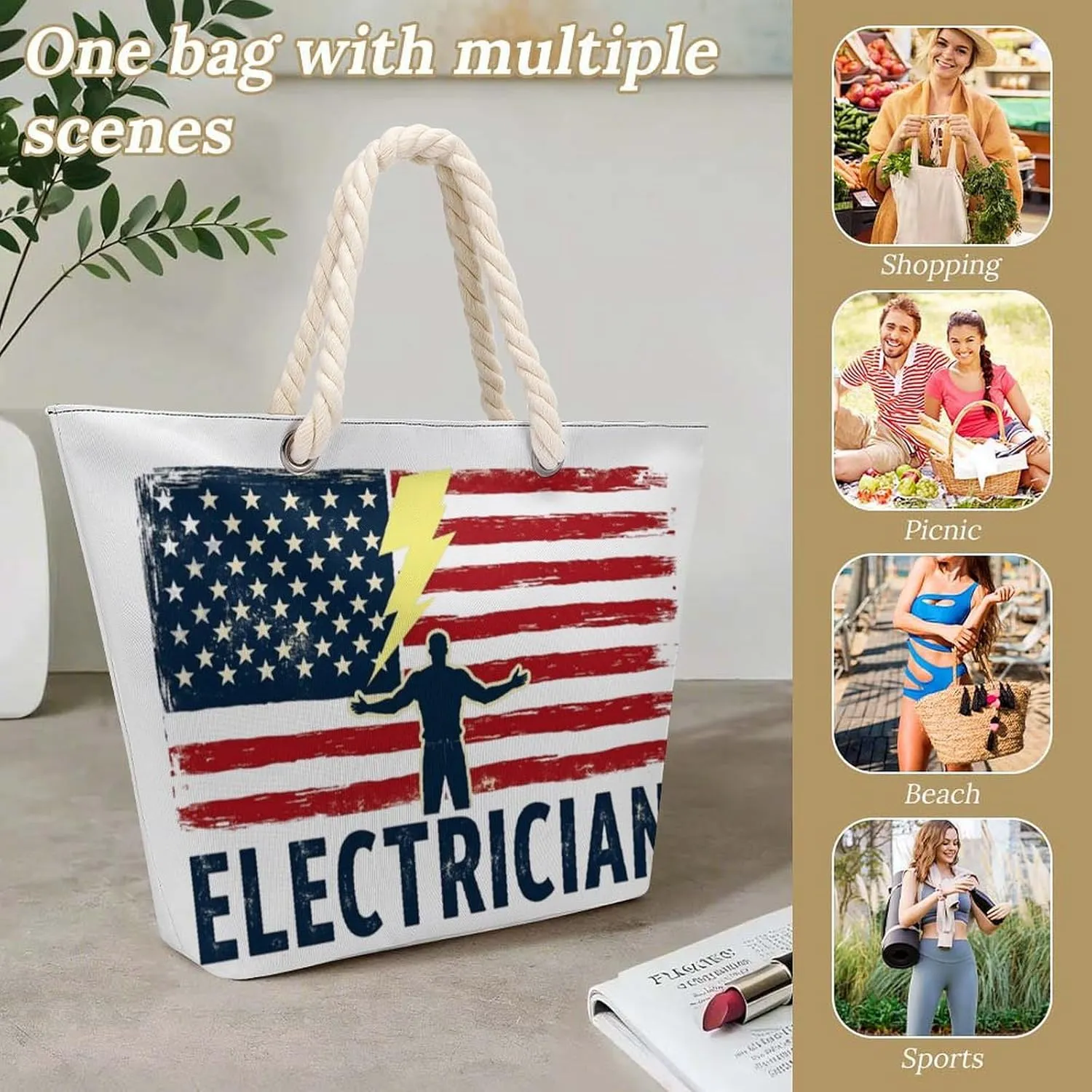 Rope Bag Women Men Beach Tote Bag with Hemp Rope Handle Top Zipper Boat Bag Large Capacity Handbag
