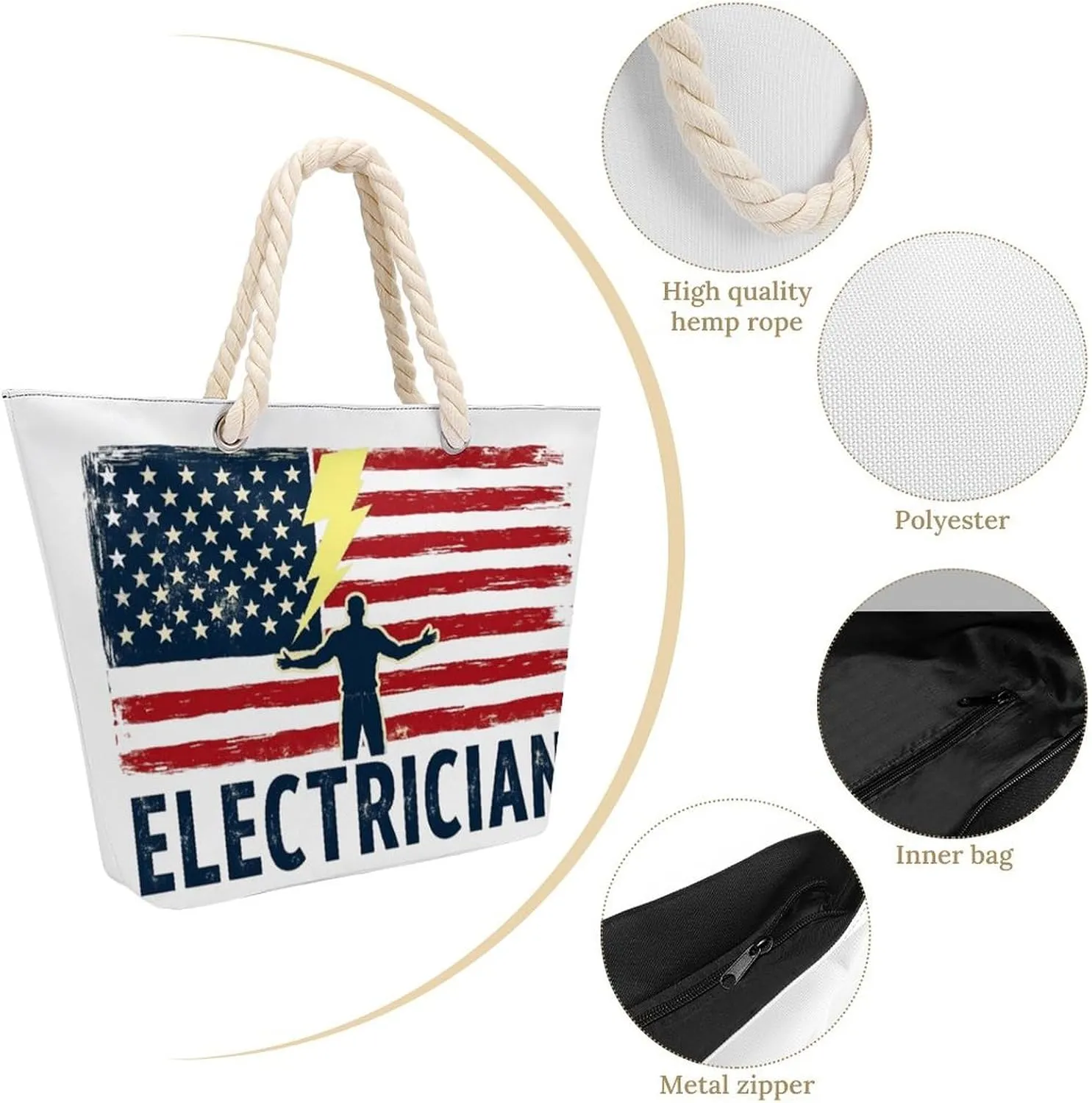 Rope Bag Women Men Beach Tote Bag with Hemp Rope Handle Top Zipper Boat Bag Large Capacity Handbag