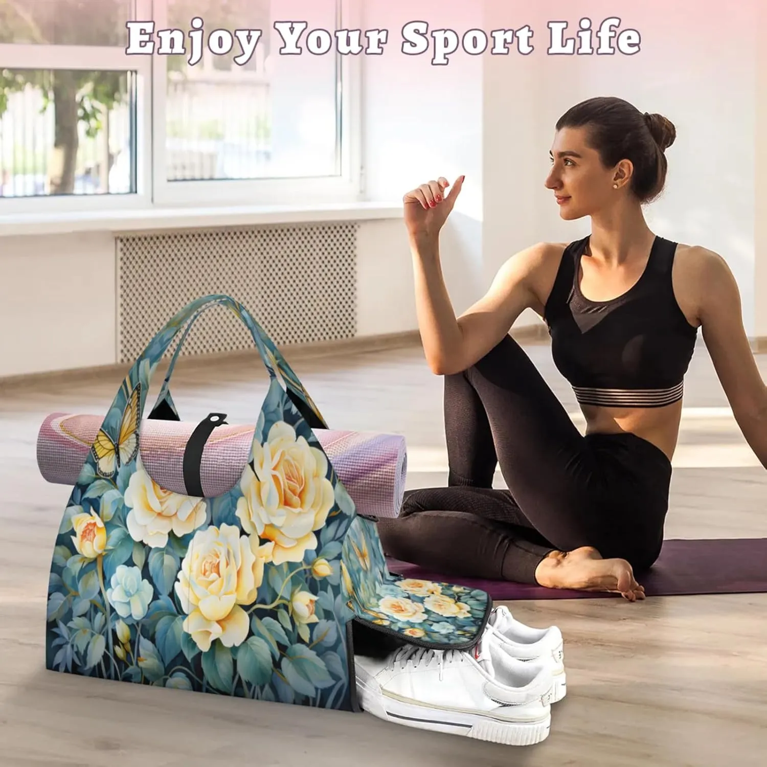 Rose Journey Waterproof Gym Bag for Men Women, Sports Duffel Bag with Shoe Compartment Yoga Mat Holder, Portable Large Travel Bag for Fitness, Camping, Weekend Trips