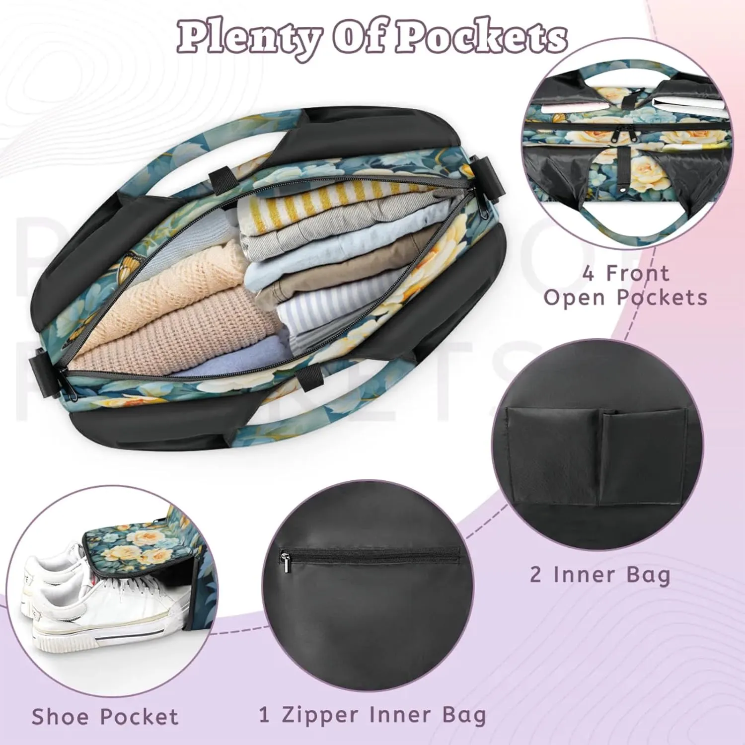 Rose Journey Waterproof Gym Bag for Men Women, Sports Duffel Bag with Shoe Compartment Yoga Mat Holder, Portable Large Travel Bag for Fitness, Camping, Weekend Trips