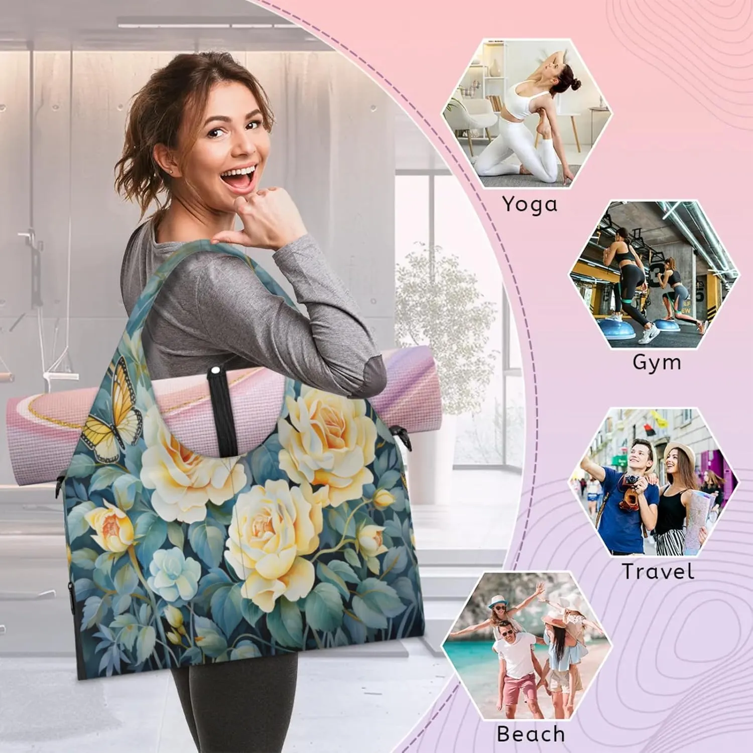 Rose Journey Waterproof Gym Bag for Men Women, Sports Duffel Bag with Shoe Compartment Yoga Mat Holder, Portable Large Travel Bag for Fitness, Camping, Weekend Trips