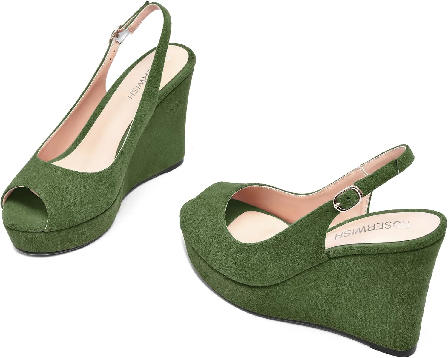 ROSERWISH Womens Buckle Peep Toe Fashion Suede Sexy Evening Slingback Wedge High Heel Pumps Shoes 4 Inch