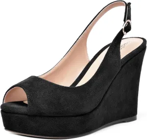 ROSERWISH Womens Buckle Peep Toe Fashion Suede Sexy Evening Slingback Wedge High Heel Pumps Shoes 4 Inch