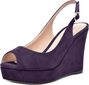 ROSERWISH Womens Buckle Peep Toe Fashion Suede Sexy Evening Slingback Wedge High Heel Pumps Shoes 4 Inch