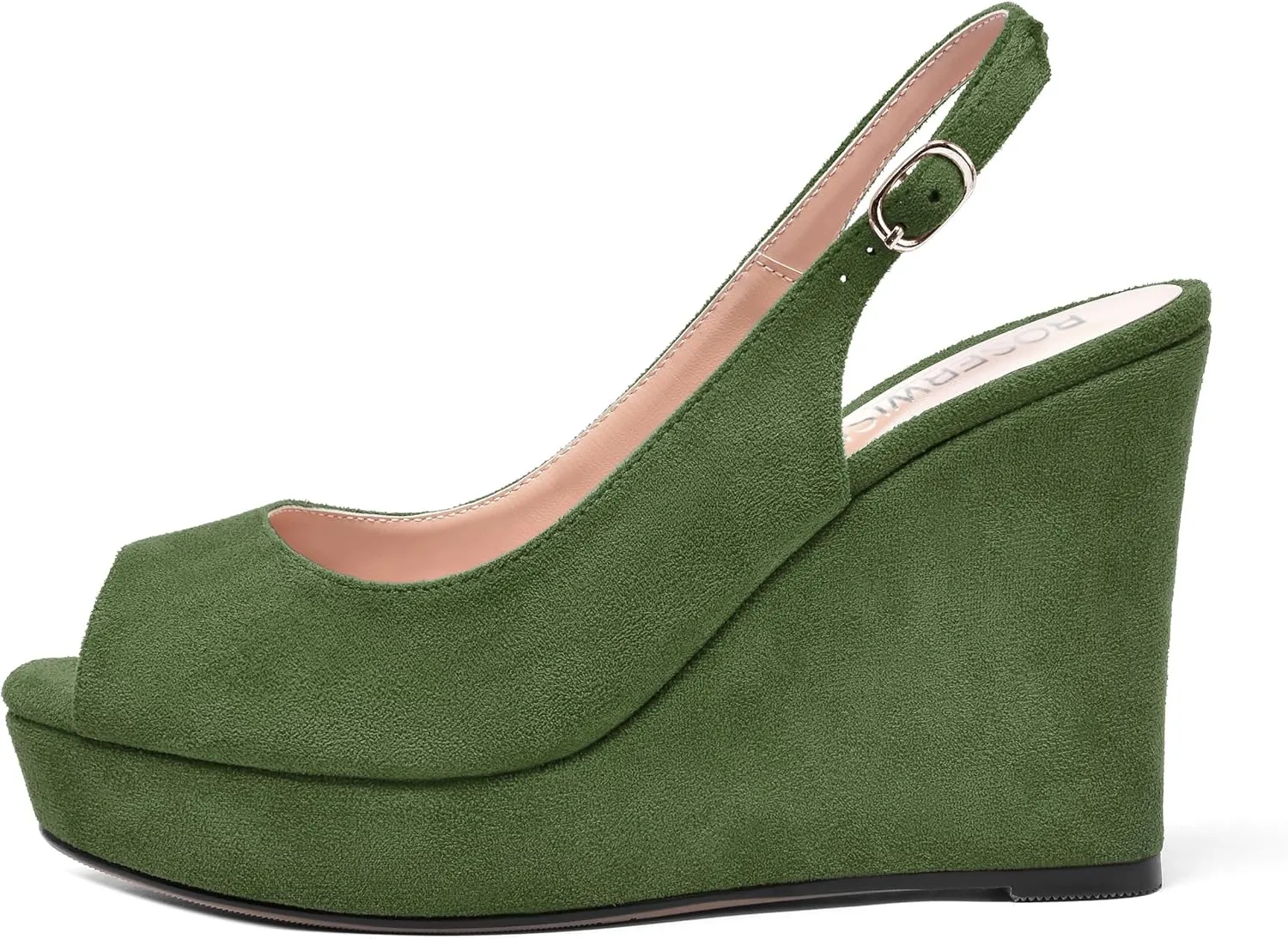 ROSERWISH Womens Buckle Peep Toe Fashion Suede Sexy Evening Slingback Wedge High Heel Pumps Shoes 4 Inch