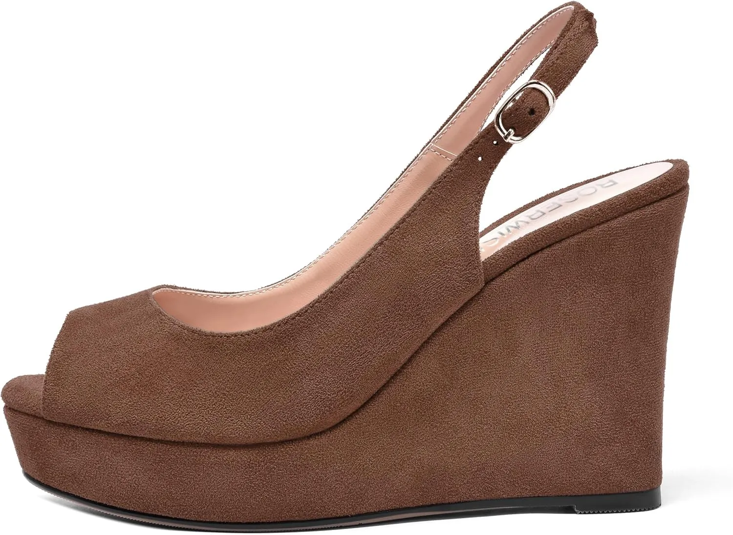 ROSERWISH Womens Buckle Peep Toe Fashion Suede Sexy Evening Slingback Wedge High Heel Pumps Shoes 4 Inch