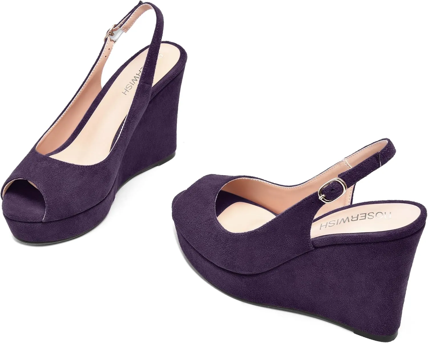 ROSERWISH Womens Buckle Peep Toe Fashion Suede Sexy Evening Slingback Wedge High Heel Pumps Shoes 4 Inch