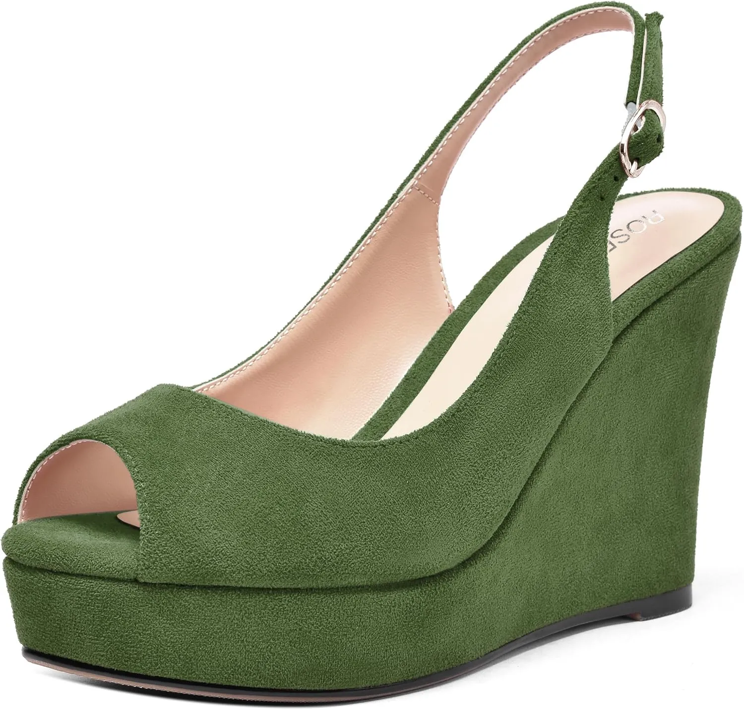 ROSERWISH Womens Buckle Peep Toe Fashion Suede Sexy Evening Slingback Wedge High Heel Pumps Shoes 4 Inch