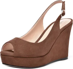 ROSERWISH Womens Buckle Peep Toe Fashion Suede Sexy Evening Slingback Wedge High Heel Pumps Shoes 4 Inch