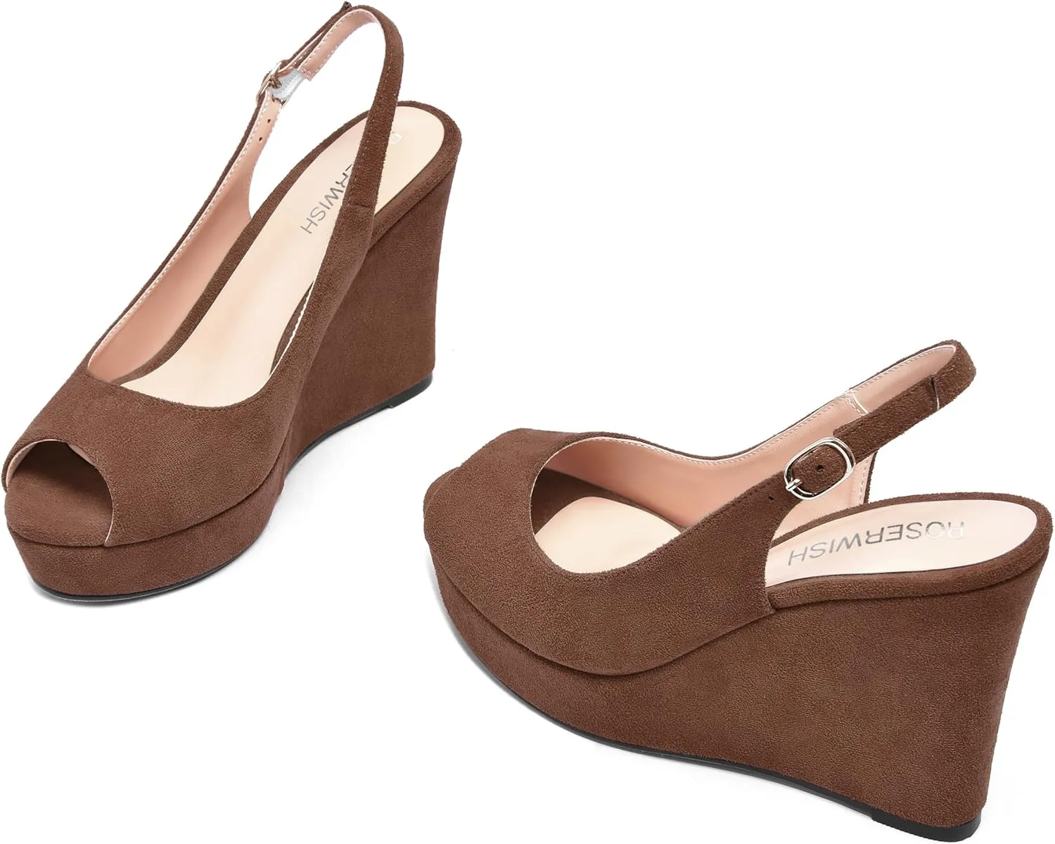 ROSERWISH Womens Buckle Peep Toe Fashion Suede Sexy Evening Slingback Wedge High Heel Pumps Shoes 4 Inch