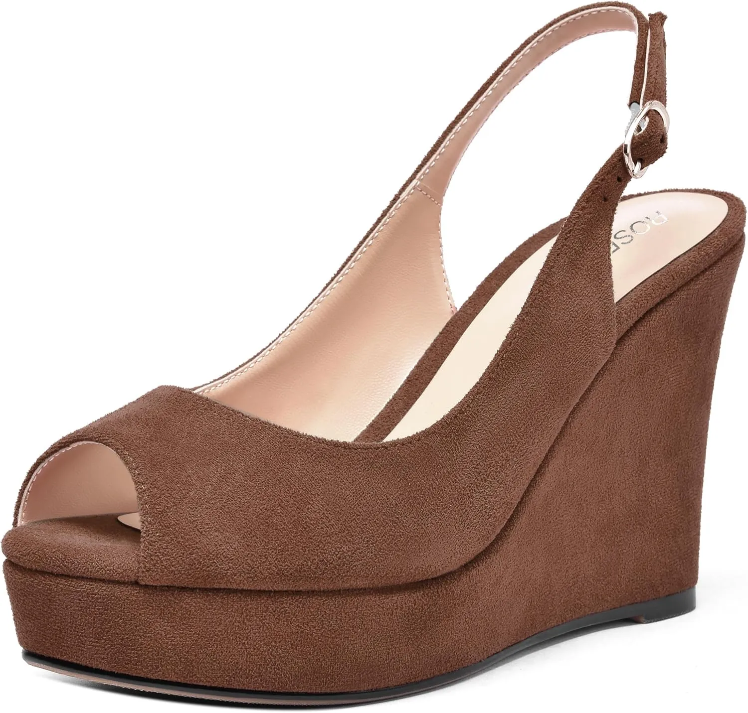ROSERWISH Womens Buckle Peep Toe Fashion Suede Sexy Evening Slingback Wedge High Heel Pumps Shoes 4 Inch