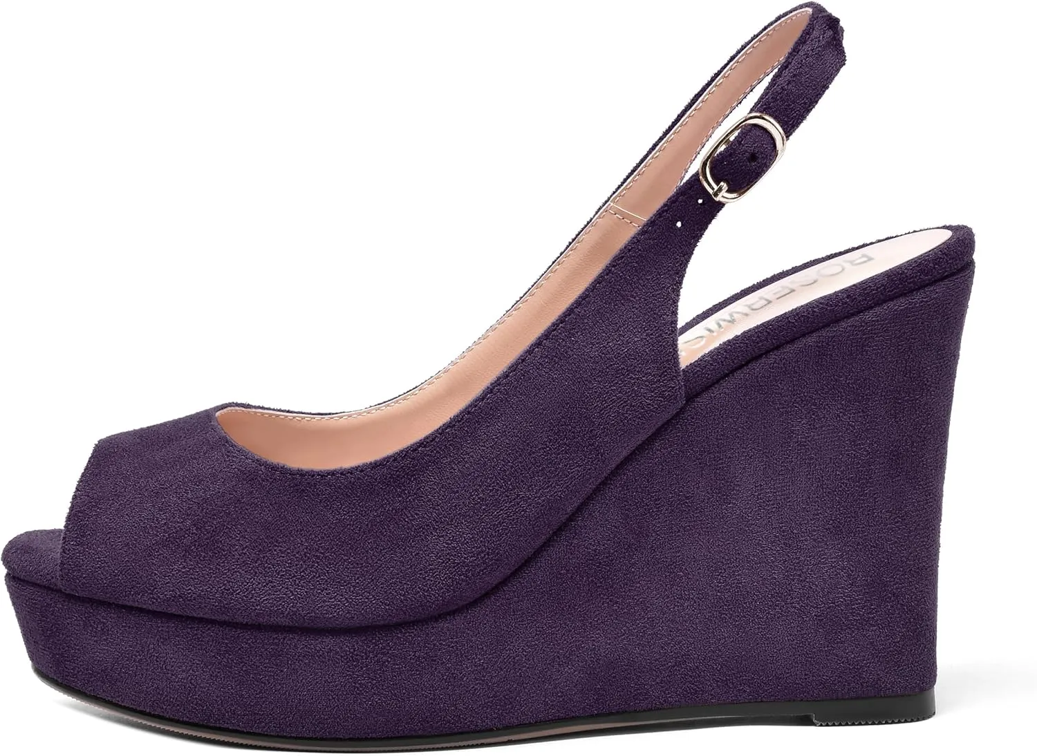 ROSERWISH Womens Buckle Peep Toe Fashion Suede Sexy Evening Slingback Wedge High Heel Pumps Shoes 4 Inch