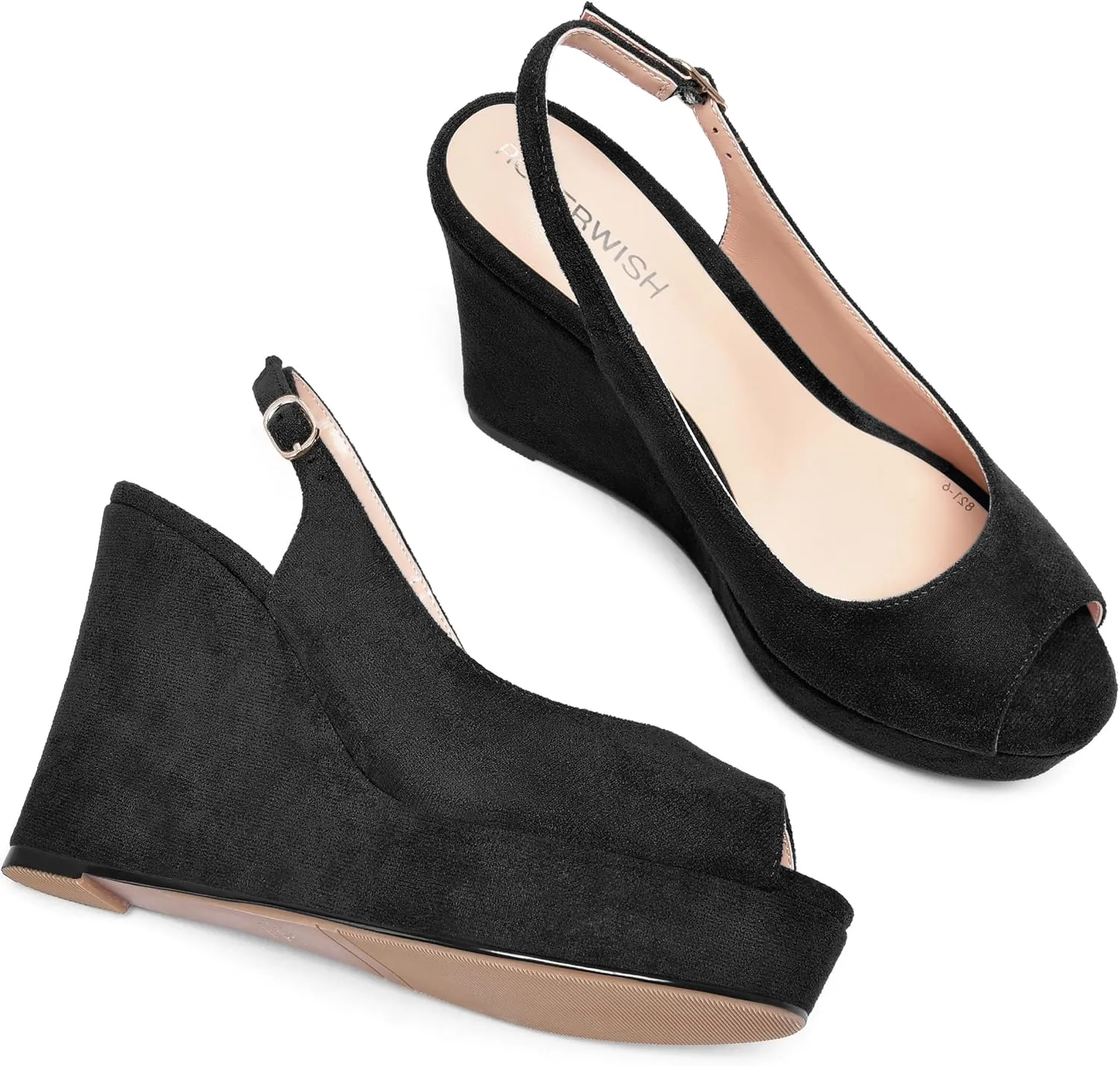 ROSERWISH Womens Buckle Peep Toe Fashion Suede Sexy Evening Slingback Wedge High Heel Pumps Shoes 4 Inch