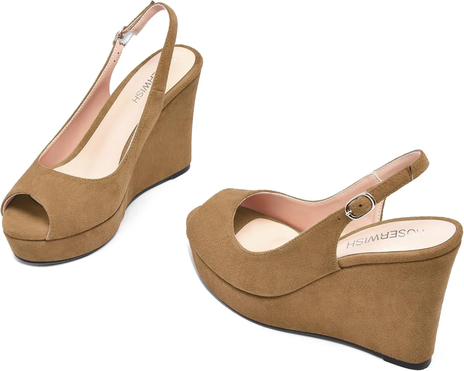 ROSERWISH Womens Buckle Peep Toe Fashion Suede Sexy Evening Slingback Wedge High Heel Pumps Shoes 4 Inch