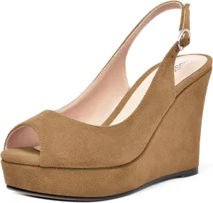 ROSERWISH Womens Buckle Peep Toe Fashion Suede Sexy Evening Slingback Wedge High Heel Pumps Shoes 4 Inch