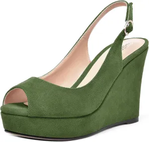 ROSERWISH Womens Buckle Peep Toe Fashion Suede Sexy Evening Slingback Wedge High Heel Pumps Shoes 4 Inch