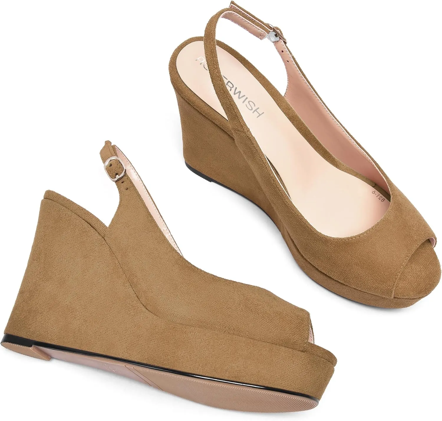 ROSERWISH Womens Buckle Peep Toe Fashion Suede Sexy Evening Slingback Wedge High Heel Pumps Shoes 4 Inch