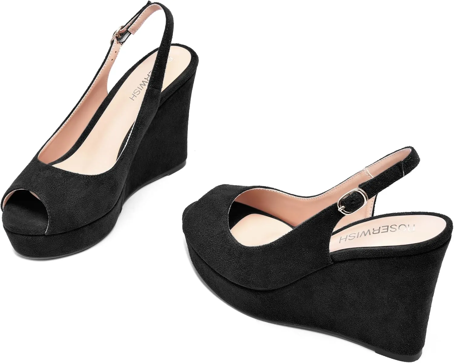ROSERWISH Womens Buckle Peep Toe Fashion Suede Sexy Evening Slingback Wedge High Heel Pumps Shoes 4 Inch