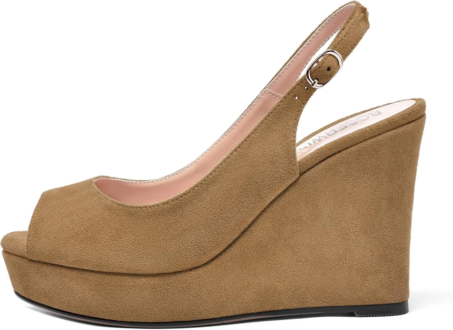 ROSERWISH Womens Buckle Peep Toe Fashion Suede Sexy Evening Slingback Wedge High Heel Pumps Shoes 4 Inch