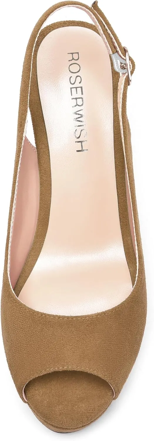 ROSERWISH Womens Buckle Peep Toe Fashion Suede Sexy Evening Slingback Wedge High Heel Pumps Shoes 4 Inch