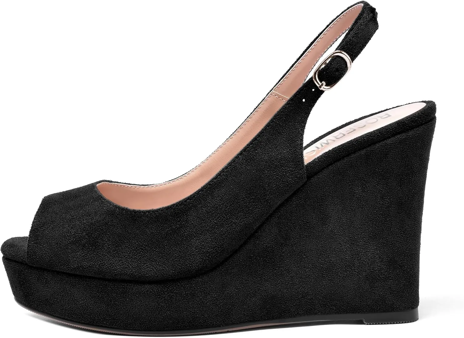 ROSERWISH Womens Buckle Peep Toe Fashion Suede Sexy Evening Slingback Wedge High Heel Pumps Shoes 4 Inch