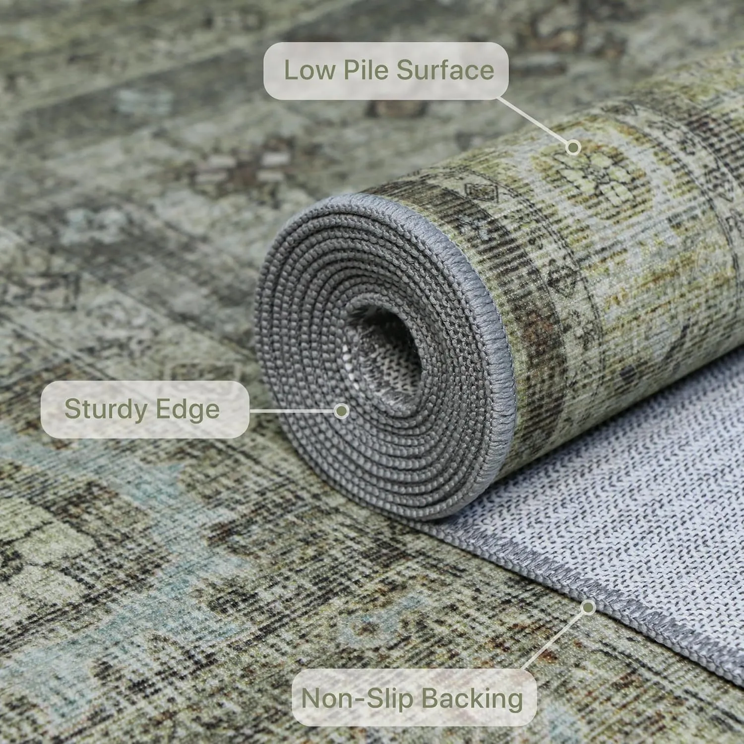 Runner Rug 2x8 for Hallway Living Room Bedroom, Machine Washable Thin Chenille Rug, Print Vintage Tribal Aesthetic Carpet, Low Pile Mat with Non Slip Rubber Backing, Distressed Sage