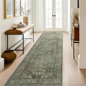 Runner Rug 2x8 for Hallway Living Room Bedroom, Machine Washable Thin Chenille Rug, Print Vintage Tribal Aesthetic Carpet, Low Pile Mat with Non Slip Rubber Backing, Distressed Sage