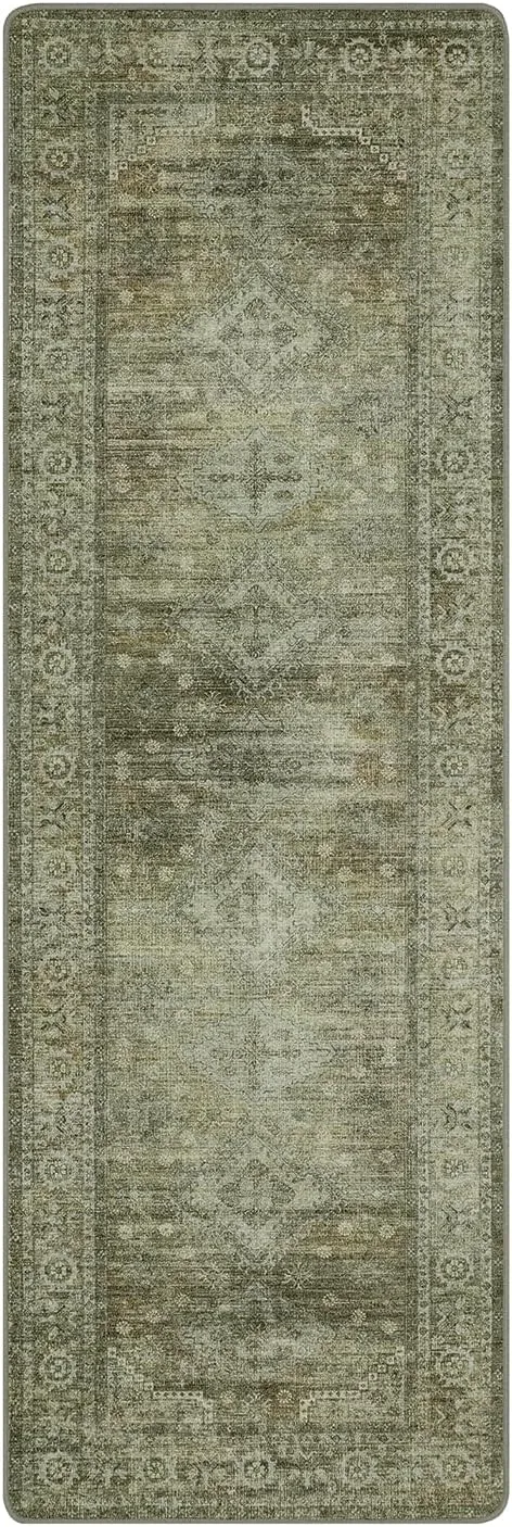 Runner Rug 2x8 for Hallway Living Room Bedroom, Machine Washable Thin Chenille Rug, Print Vintage Tribal Aesthetic Carpet, Low Pile Mat with Non Slip Rubber Backing, Distressed Sage