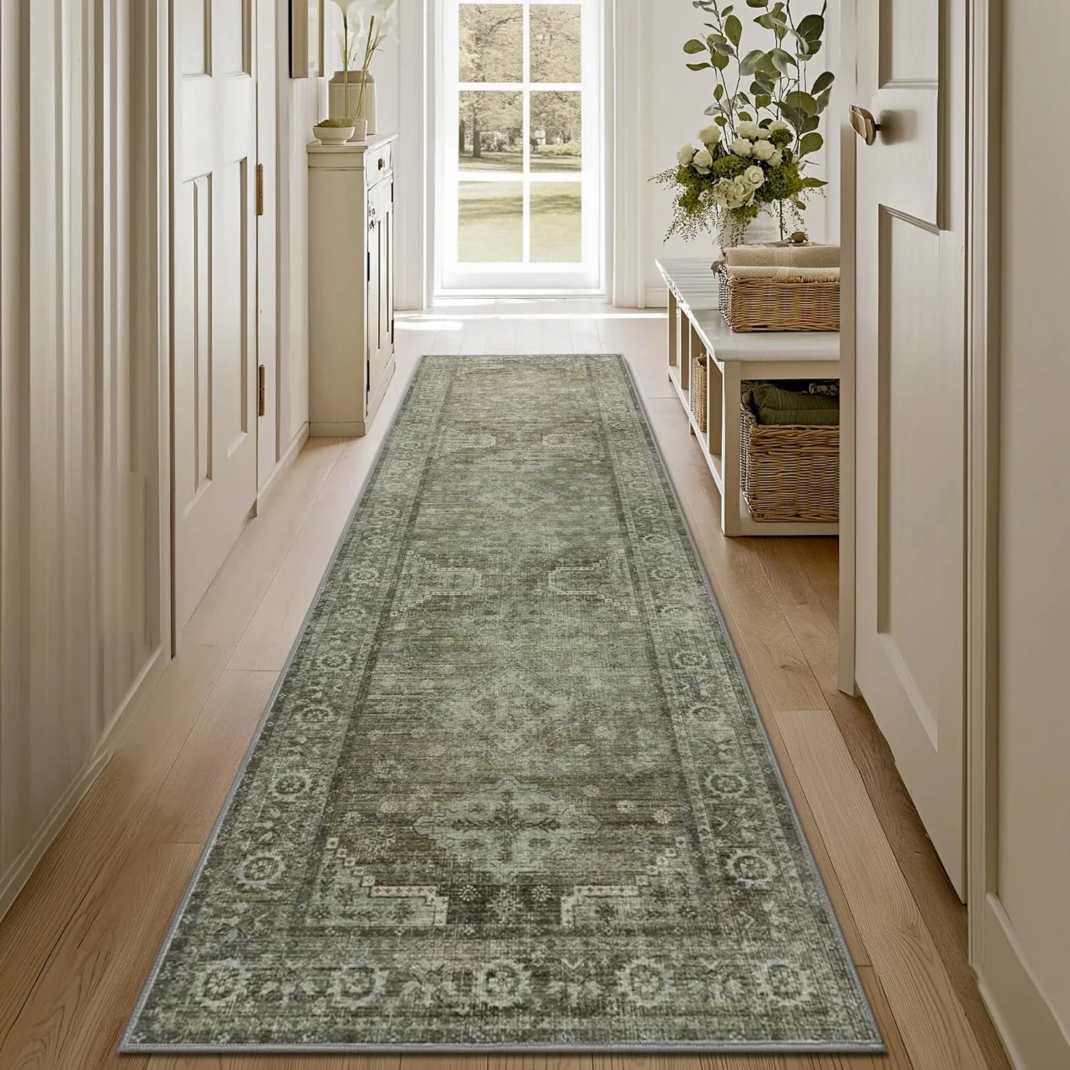 Runner Rug 2x8 for Hallway Living Room Bedroom, Machine Washable Thin Chenille Rug, Print Vintage Tribal Aesthetic Carpet, Low Pile Mat with Non Slip Rubber Backing, Distressed Sage