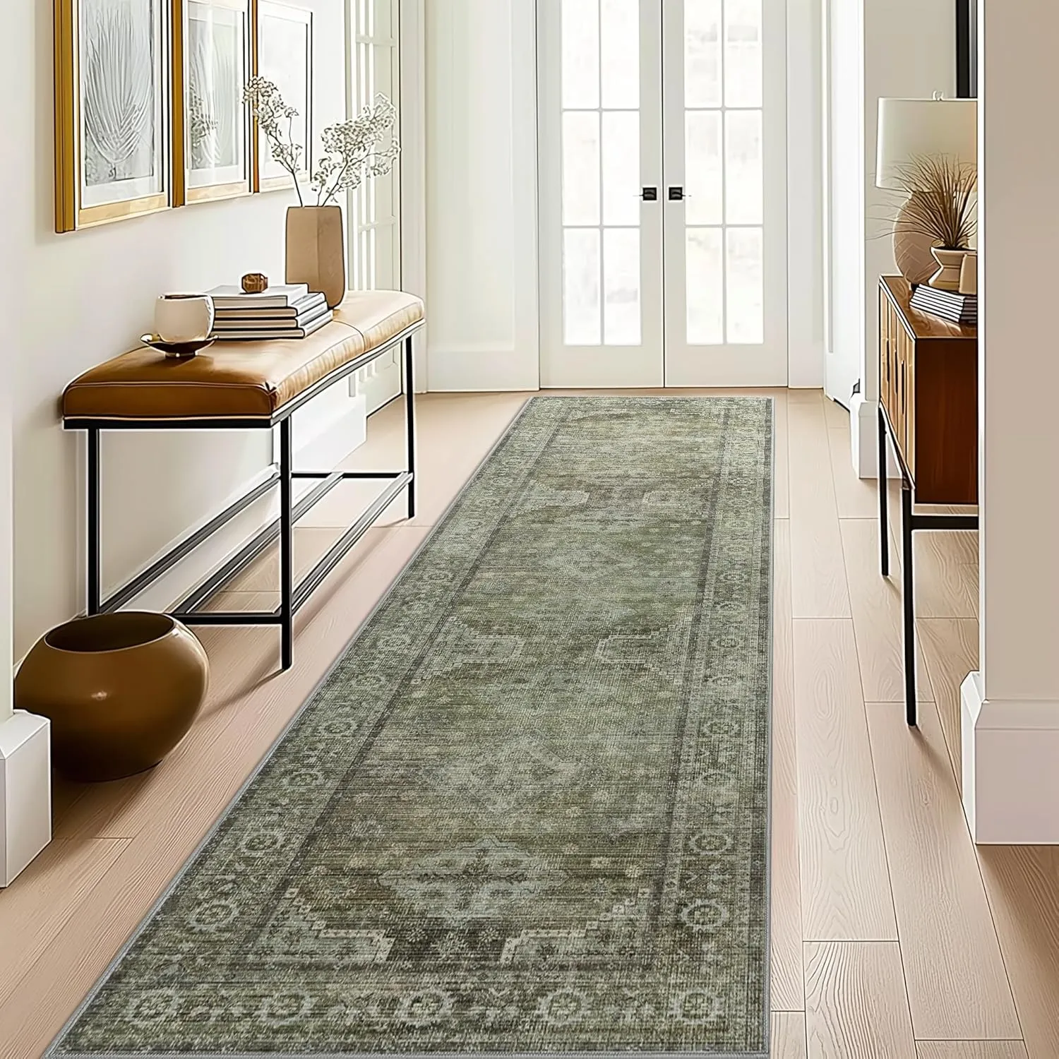 Runner Rug 2x8 for Hallway Living Room Bedroom, Machine Washable Thin Chenille Rug, Print Vintage Tribal Aesthetic Carpet, Low Pile Mat with Non Slip Rubber Backing, Distressed Sage