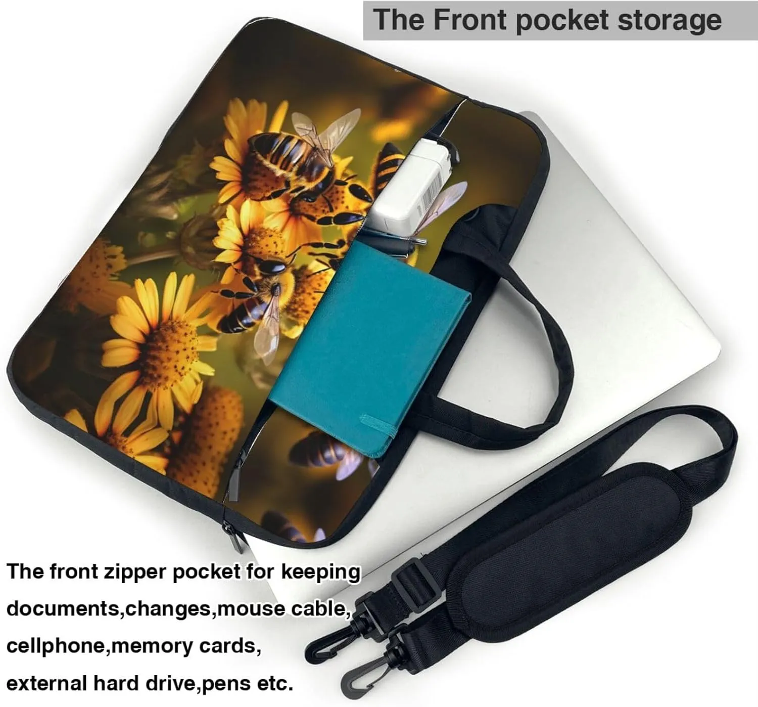 Rural Honey Bees flowers Print Laptop Bag - Stylish Messenger Bag and Laptop Case for Men and WomenShoulder Strap