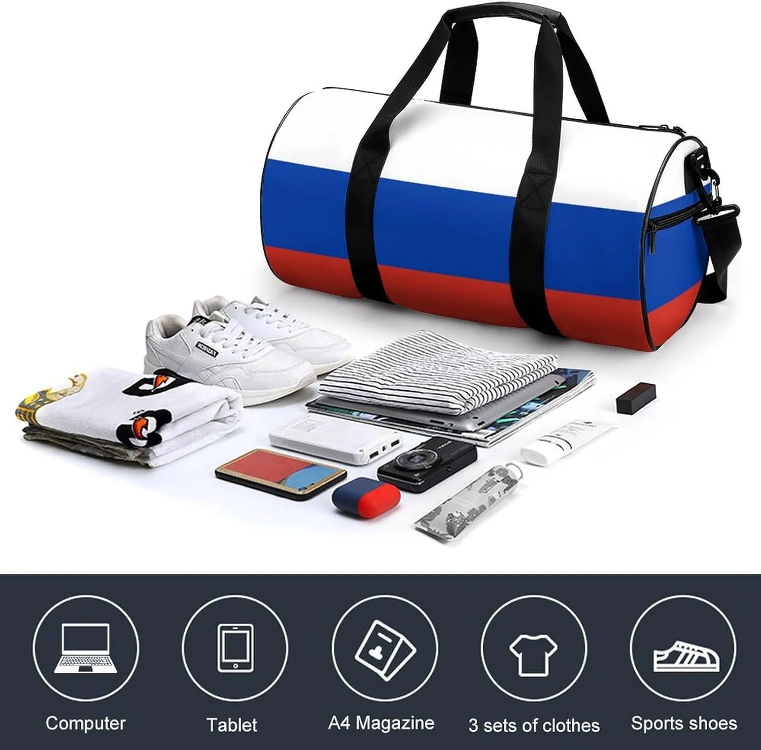 Russia Flag Waterproof Gym Bag with Shoe Compartment Sports Duffel for Travel Beach