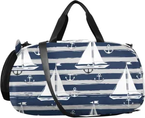 Sailboats Navy Stripes Kids Overnight Duffle Bag,Gymnastics Sports Dance Bag with Shoe Compartment & Wet Pocket, Travel Weekender Tote for Boys & Girls