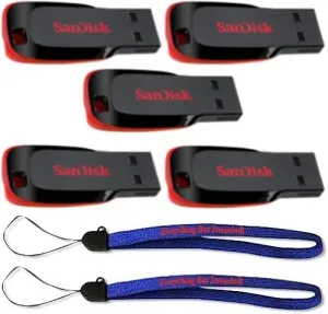 SanDisk Cruzer Blade 32GB (5 pack) USB 2.0 Flash Drive Jump Drive Pen Drive SDCZ50-032G - Five Pack w/ (2) Everything But Stromboli (TM) Lanyard