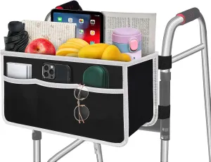 Satis:In Walker Bag, Foldable Equipped with 6 Elastic Straps, Stronger Than Other Walker Basket, Basket for Walker with Multiple Pockets & Never Tipping Over, Best Gift for Elders and Family - Black