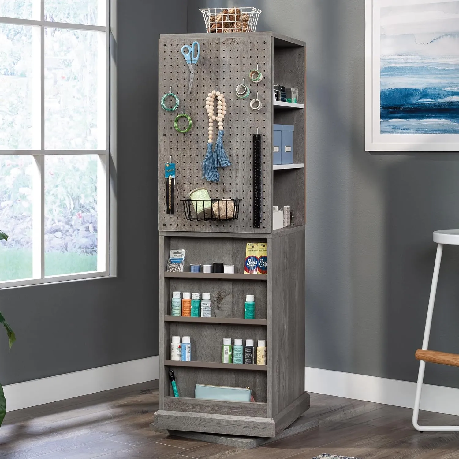 Sauder Craft Pro Series Craft Supplies Storage Organizer 360° Swivel Tower in Mystic Oak Finish