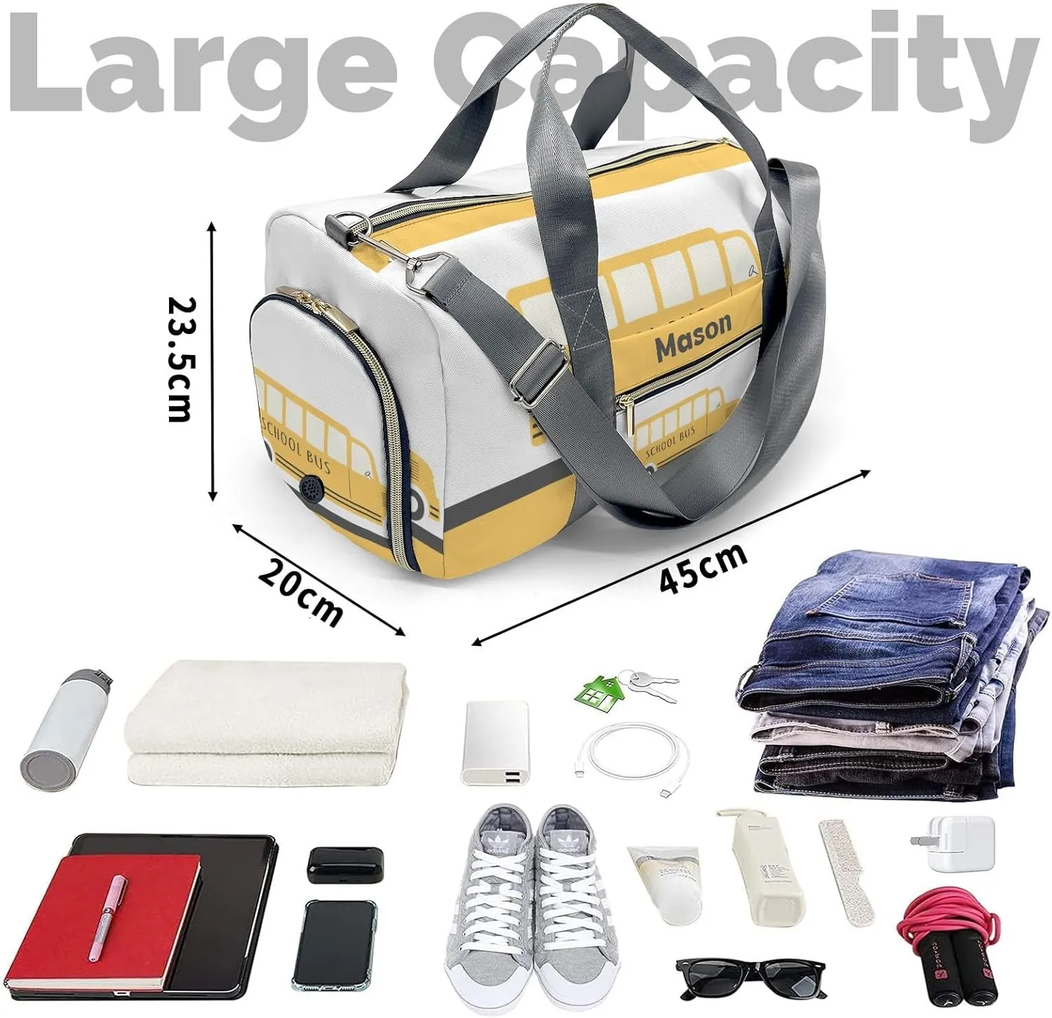 School Bus Yellow Personalized Duffel Bag,Custom Travel Gym Bag with Name,Waterproof Sports Overnight Bag with Shoe Compartment & Shoulder Strap