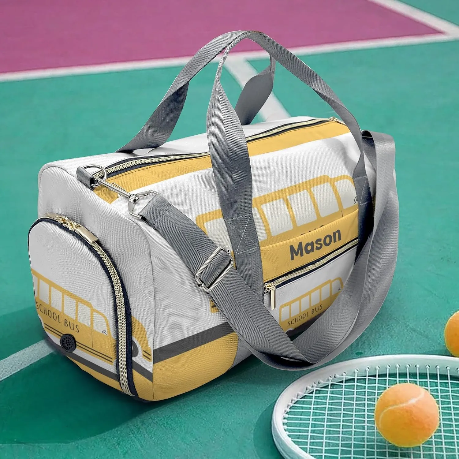 School Bus Yellow Personalized Duffel Bag,Custom Travel Gym Bag with Name,Waterproof Sports Overnight Bag with Shoe Compartment & Shoulder Strap