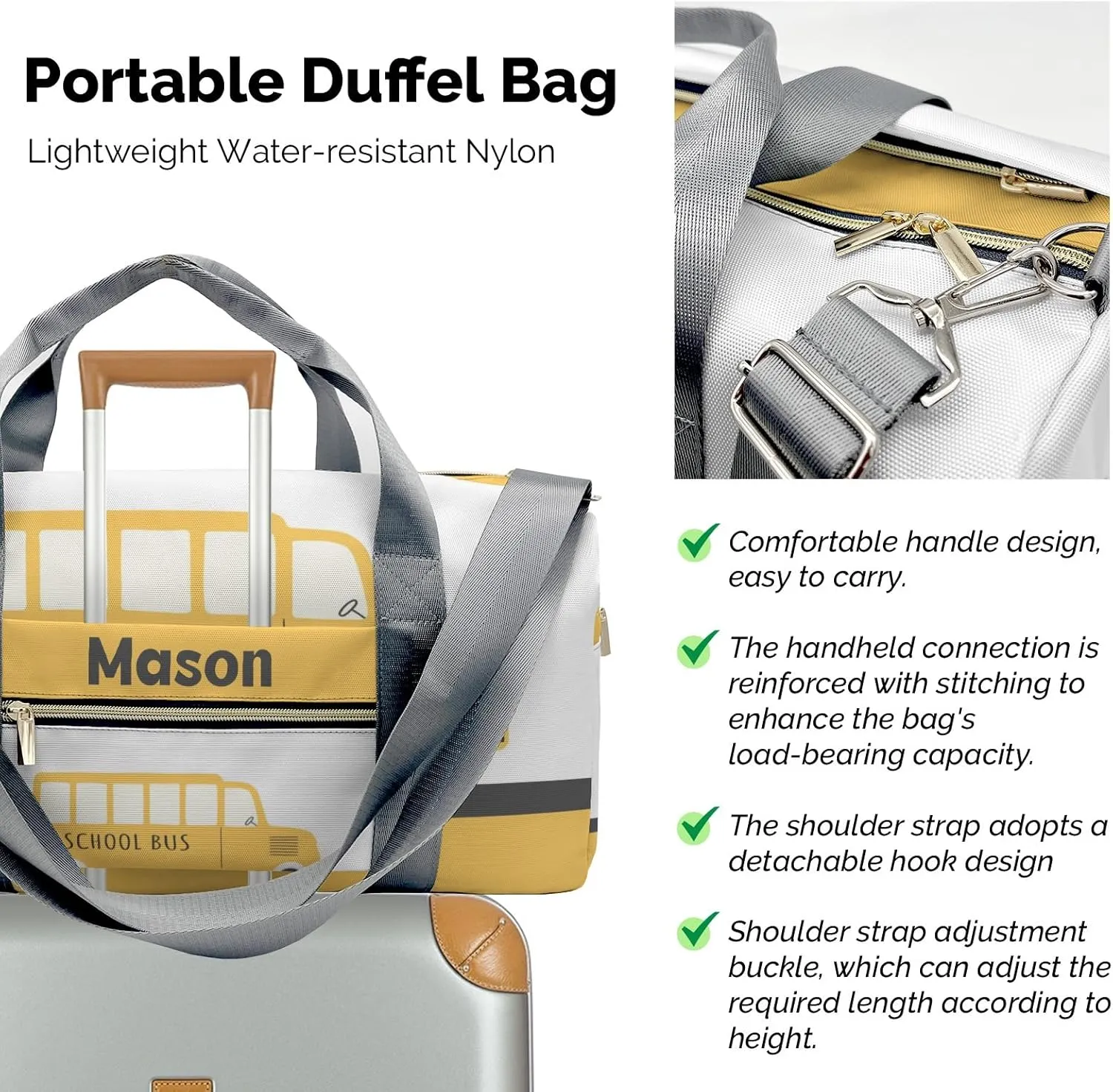 School Bus Yellow Personalized Duffel Bag,Custom Travel Gym Bag with Name,Waterproof Sports Overnight Bag with Shoe Compartment & Shoulder Strap