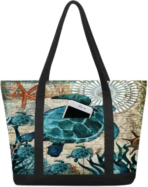 Sea Turtles Tote Bag Tote Bag for Women Reusable Grocery Shopping Cloth Bags with Zipper Large Capacity Foldable Handbag Gym Bag for Gift Activity