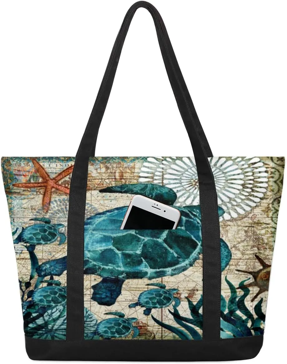 Sea Turtles Tote Bag Tote Bag for Women Reusable Grocery Shopping Cloth Bags with Zipper Large Capacity Foldable Handbag Gym Bag for Gift Activity