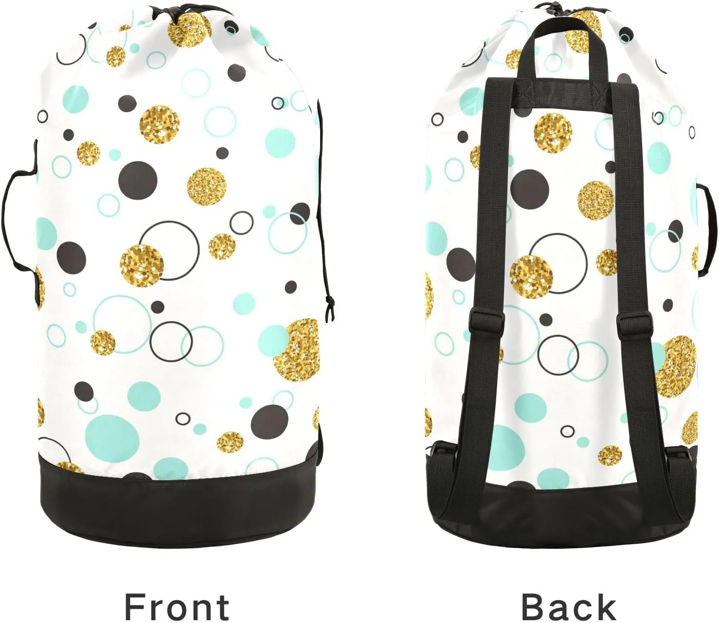 Seamless Golden Geometric Glitter Dots, Line Circle, Turquoise Circle Backpack Laundry Bag, Laundry Backpack with Shoulder Straps, Waterproof Nylon Clothes Hamper Bag for Men Women Yoga Backpack